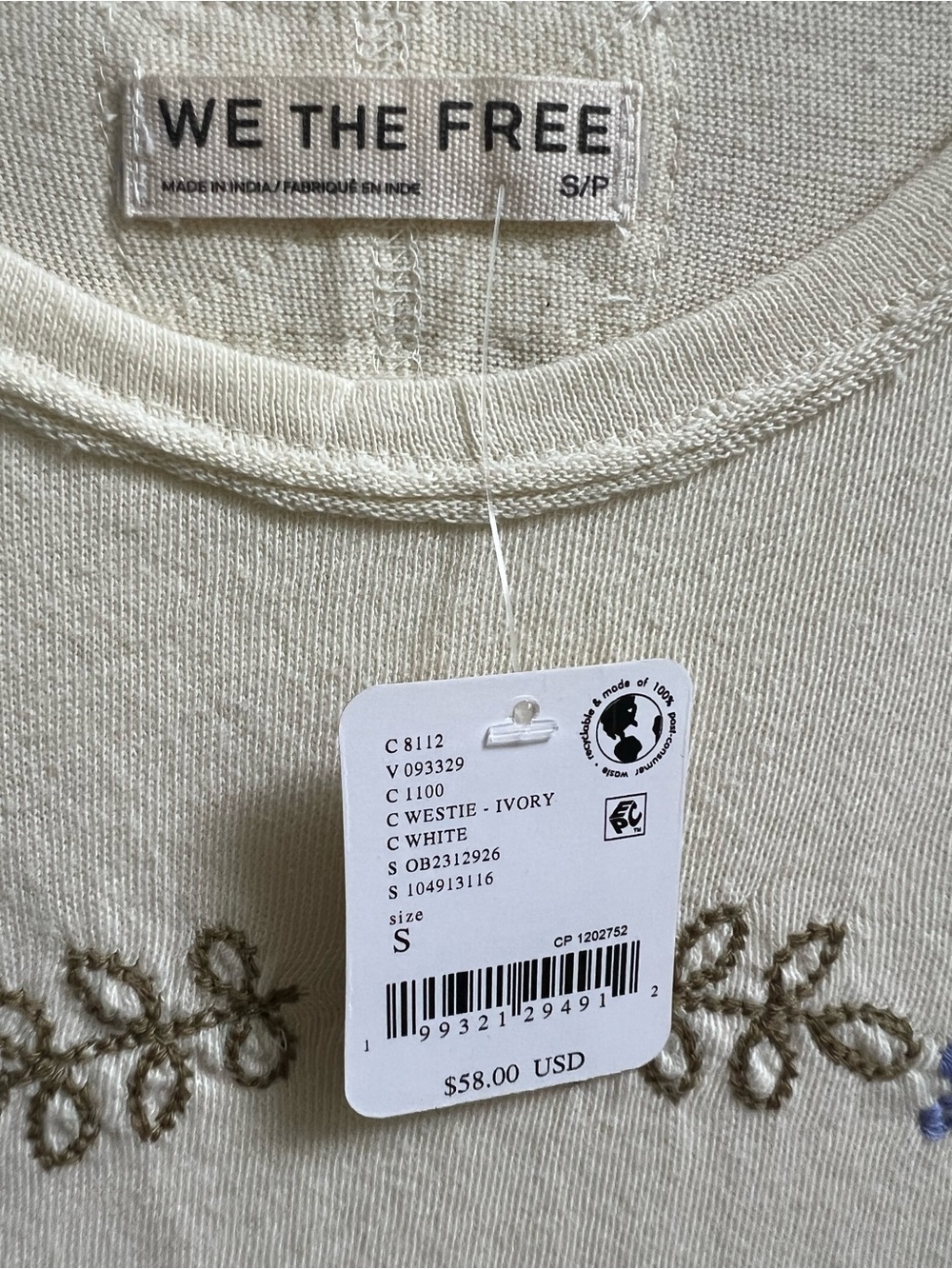 FREE PEOPLE We The Free Embroidered Fur Friend Tee in Westie Ivory Sz Small NWT - Picture 3 of 8